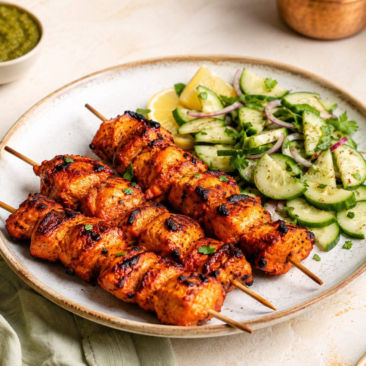 Grilled chicken skewers with cucumber salad